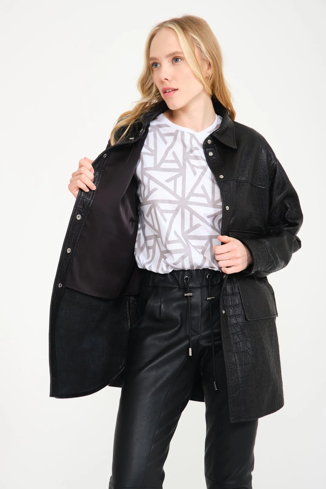 Black Crocodile Pattern Leather Shirt - Image 8
