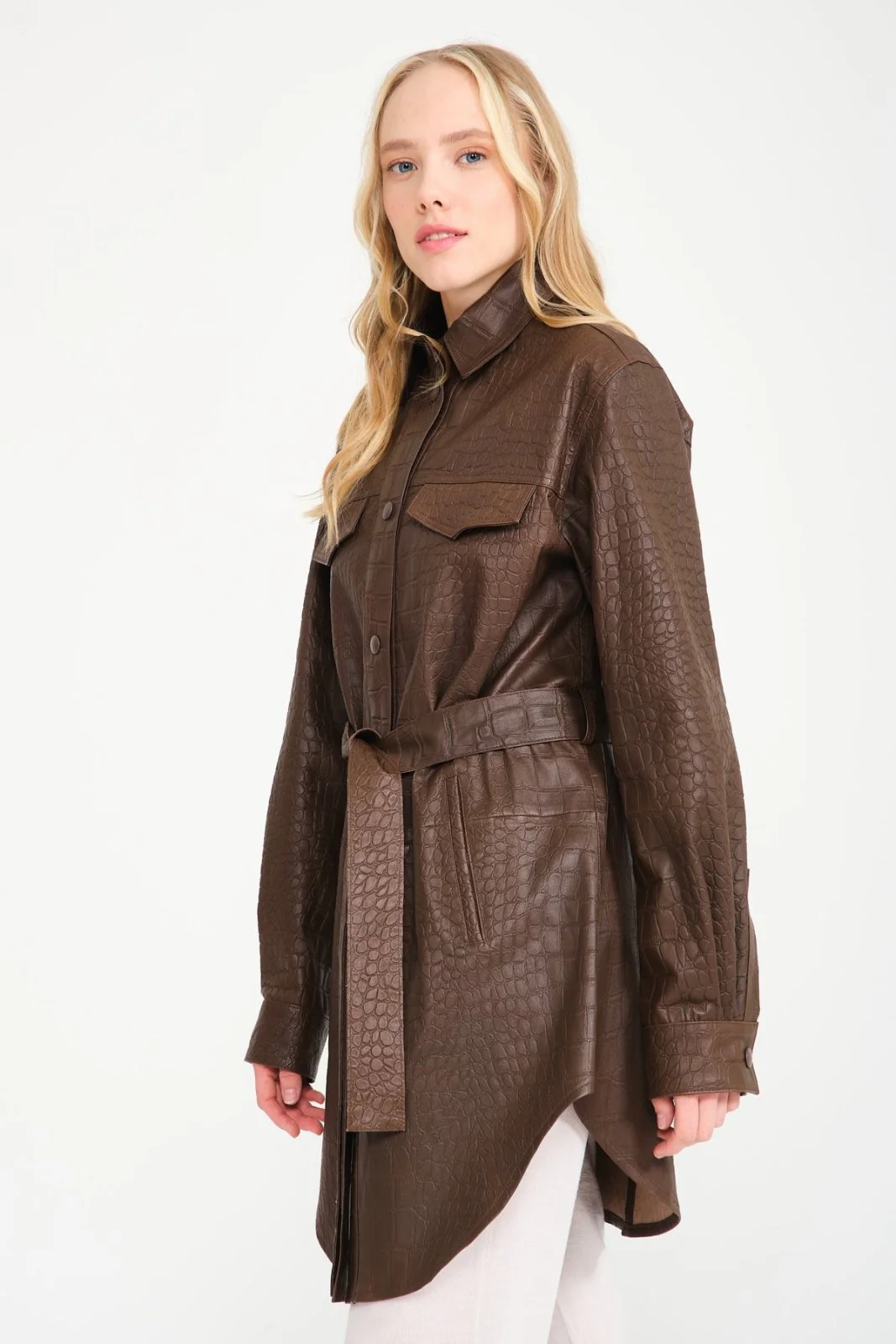 Brown Crocodile Pattern Leather Shirt - Image 6
