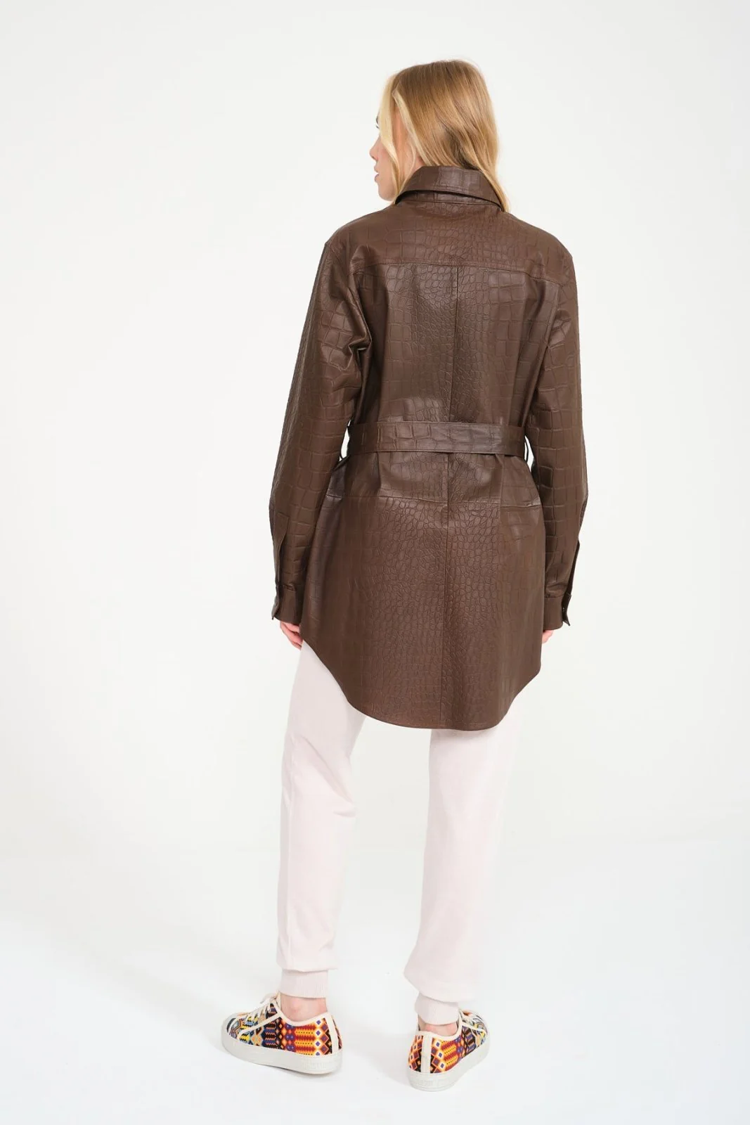 Brown Crocodile Pattern Leather Shirt - Image 7