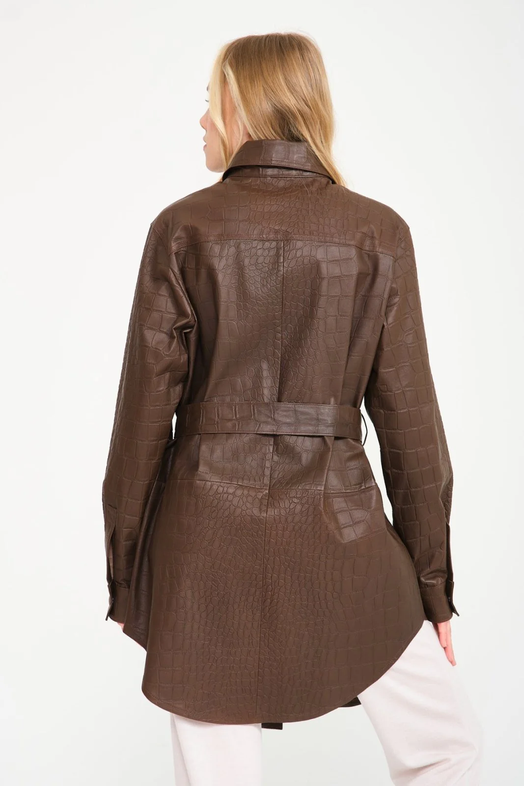 Brown Crocodile Pattern Leather Shirt - Image 8