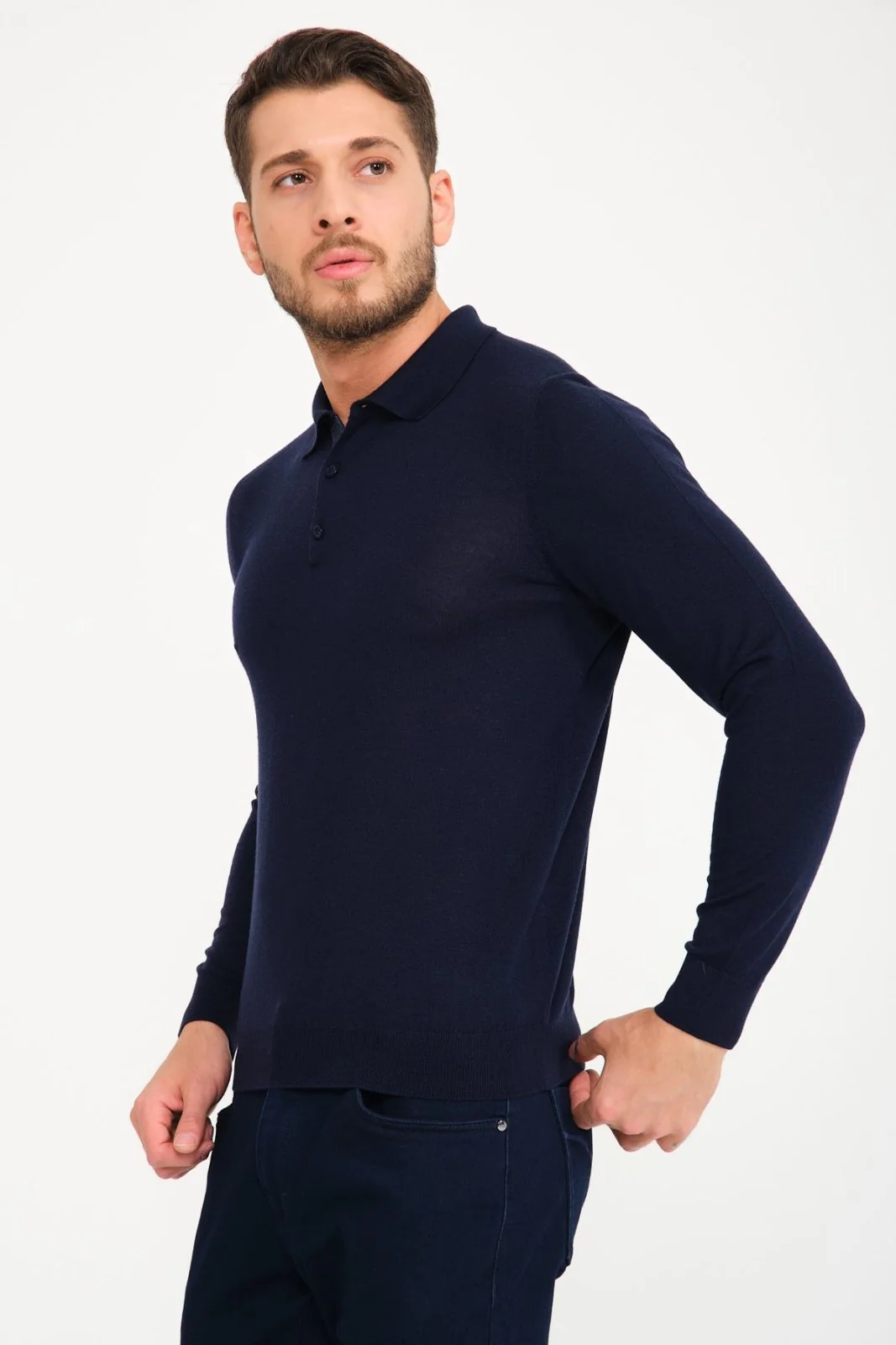 Dark Blue Wool Polo Shirt - Image 3