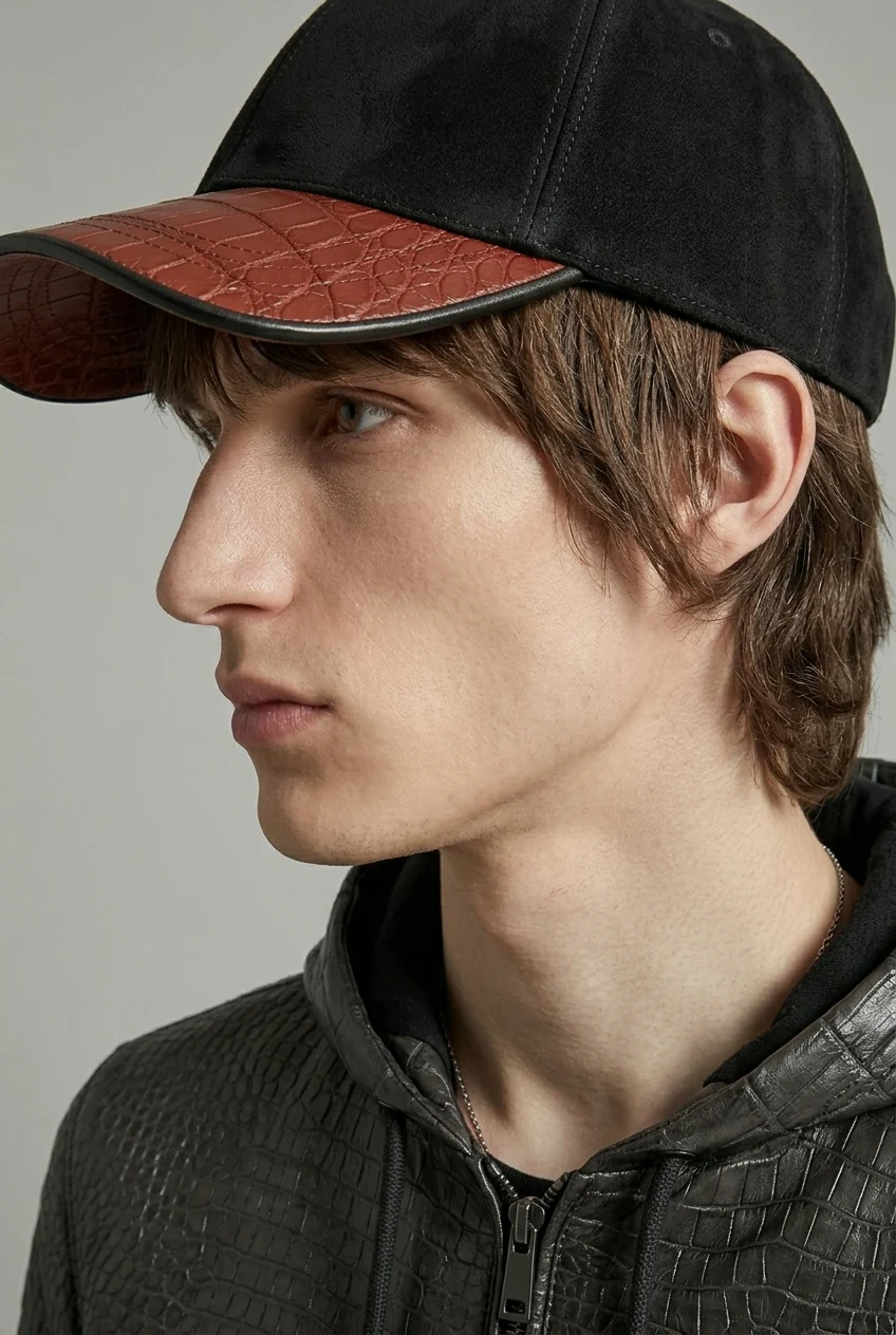 Noir Crocodile Leather Contrast Cap - Image 3